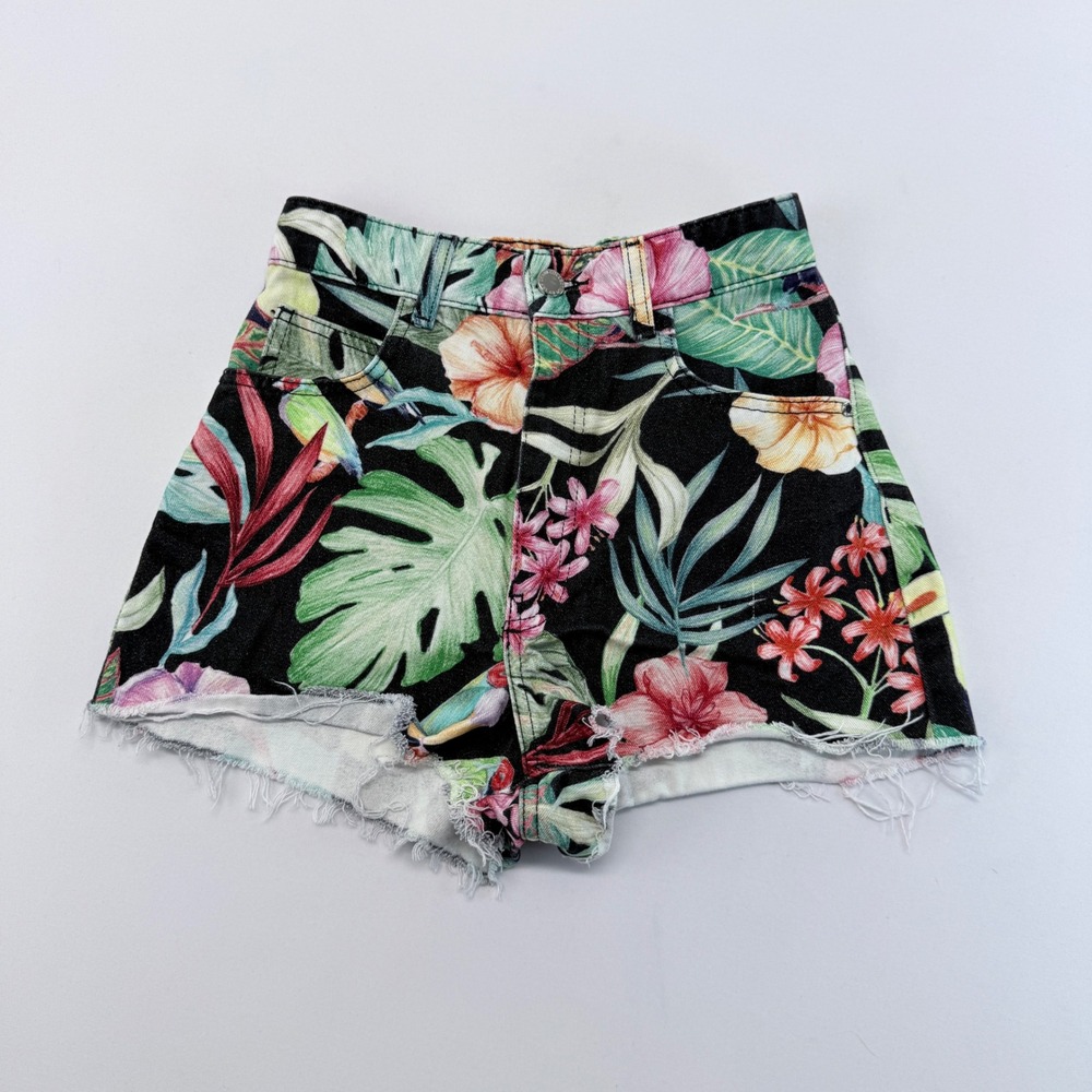 Zara TRF Tropical Floral Toucan Print High Waisted Denim Cut Off Shorts Size 2